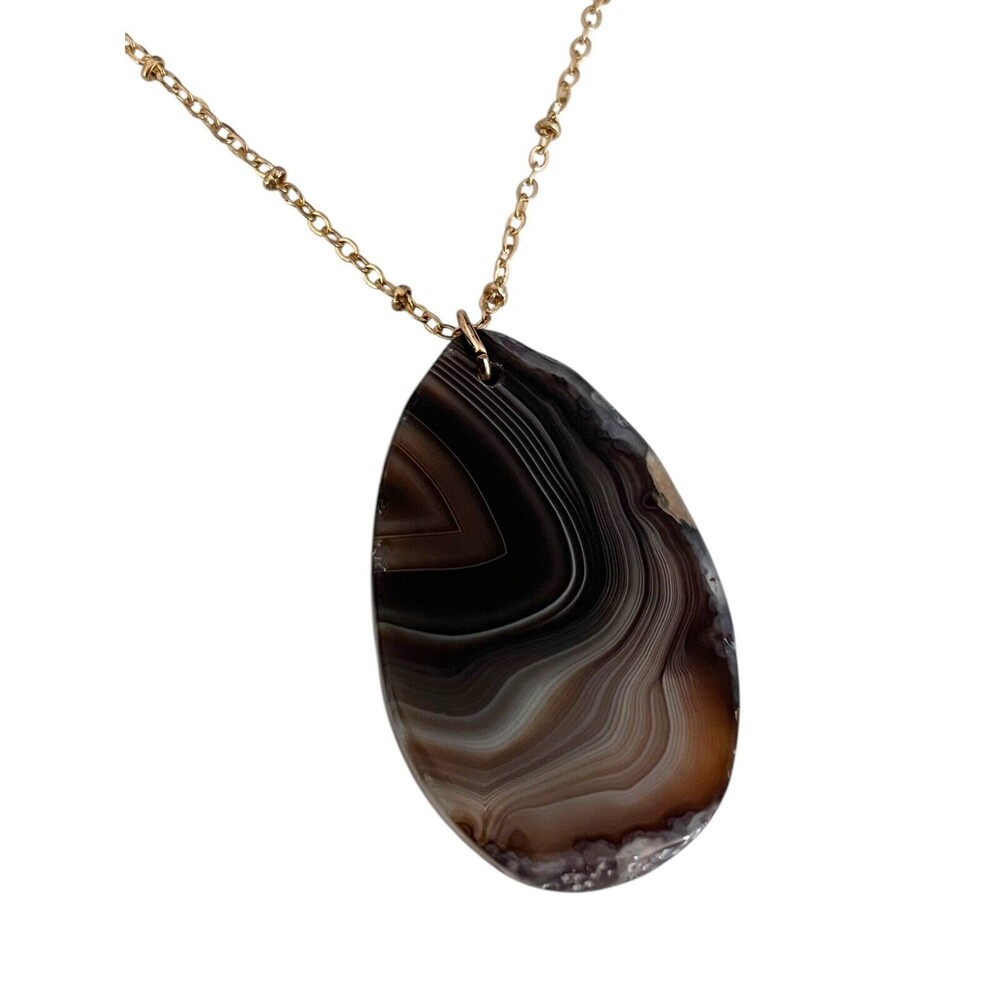 New Brown Simulated Stone Pendant Necklace Gold Tone - 12F